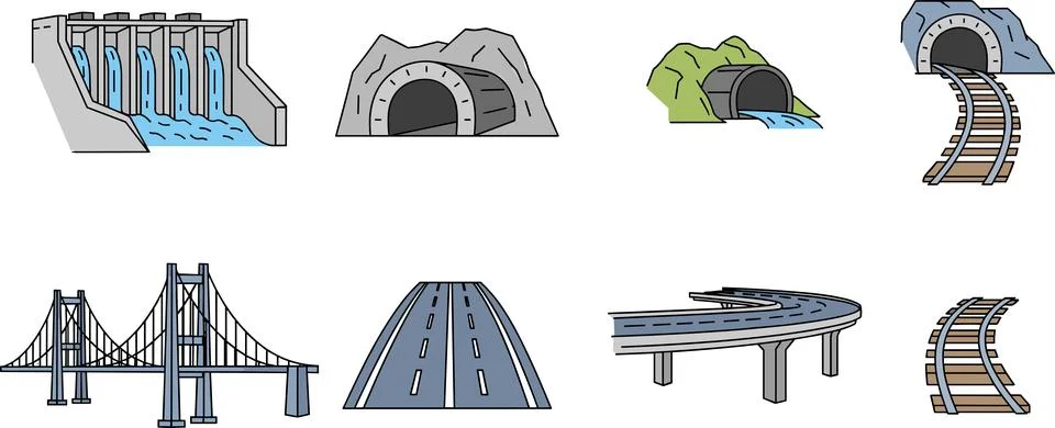 Civil Engineering Infrastructure Icons Set, Bridge Road and Tunnel Flat Vec.. Stock Illustration