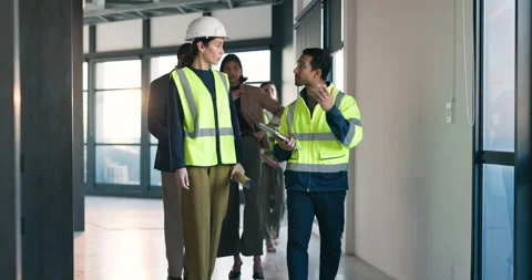 Civil engineering, inspection and team with tablet in meeting, walk or ideas for Stock Footage 340815111