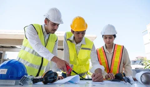 Civil engineering team meets to plan work on construction project in the Stock Photos