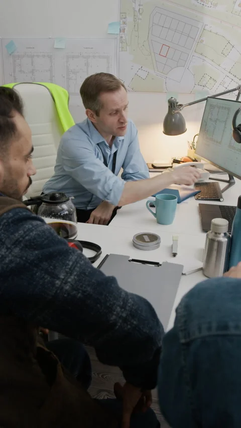 Civil Engineers Discussing Blueprints on Computer in Construction Office Stock Footage 329624392