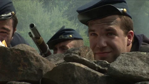 Civil War Battle "Combat Camera" with a Union Firing line - Reenactment Stock Footage 183662198