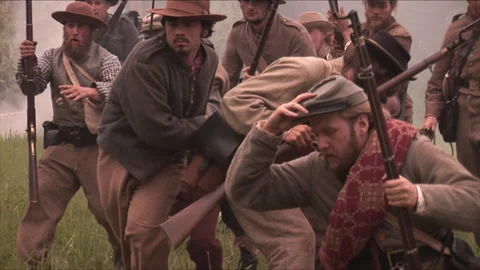 Civil War Battle "Combat Camera" with Confederates Charging - Reenactment Stock Footage 183690001