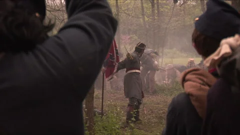 Civil War Battle "Combat Camera" with a Union Line under attack - Reenactment Stock Footage 183854557