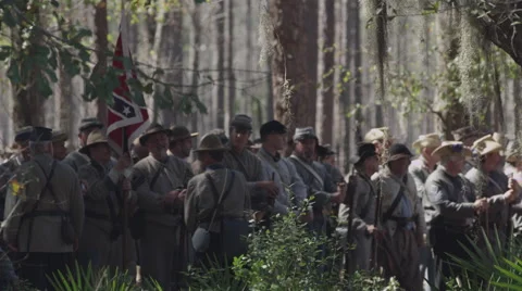 Civil war - Confederate troops line up in the woods , awaiting order to advance Stock Footage 62198716