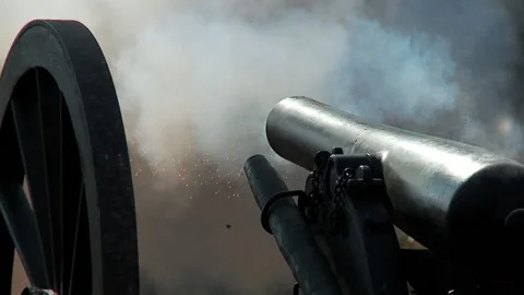 Civil War reenactment -- in the middle of battle, Union Artillerymen FIRE cannon Stock Footage