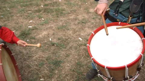 Civil War Reenactors two uniformed soldiers playing drums, Slo mo Stock Footage 53884518