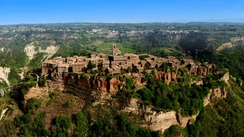 CIVITA DI BAGNOREGIO, ITALY AERIAL DRONE SHOT SWEEPING FROM RIGHT TO LEFT Stock Footage