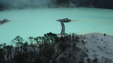 Ciwidey Volcanic Crater, West Java. Mountain Drone Climbing Acid Blue Lake. 스톡 동영상 266072622
