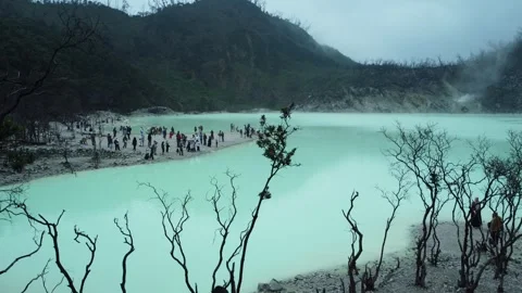 Ciwidey Volcanic Crater, West Java. Mountain Drone Climbing Acid Blue Lake. Stock Footage 266095292