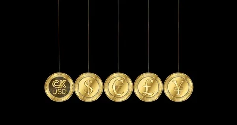 CK USD (CKUSD) coin and major world currencies in the shape of Newton cradle Stock Footage 102861561