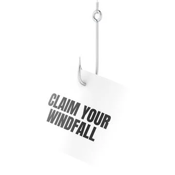 Claim Your Windfall note on fishing hook, financial scam lure concept, 3d r.. Stock Illustration
