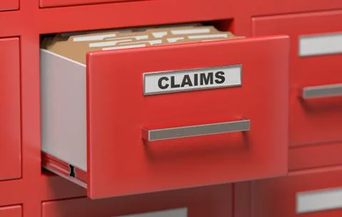 Claims files and documents in cabinet in office. 3D rendered illustration. Illustrazione stock