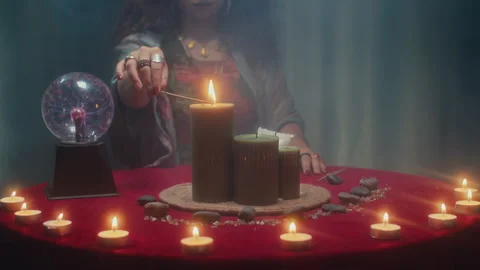 Clairvoyant Lighting Candles in Circle for Special Ritual Stock Footage 253179957