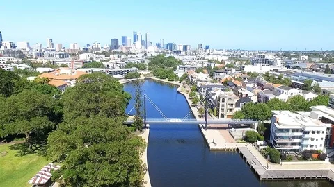Claisebrook cove, East Perth flyover aerial footage, Perth Australia real estate Stock Footage 100388137