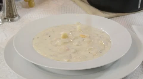 Clam chowder and crackers Stock Footage 48117849