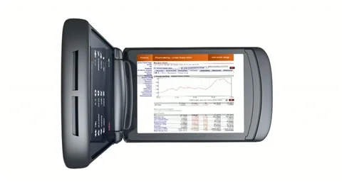 Clam-shell style phone showing a financial web page. Stock Footage 12036130