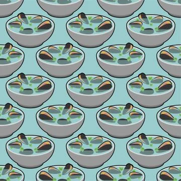 Clam soup pattern seamless. Seafood japanese background. shell bowl vector te イラスト素材