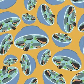 Clam soup pattern seamless. Seafood japanese background. shell bowl vector te Stock Illustration