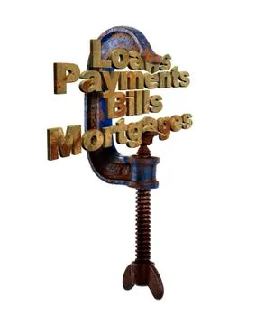 Clamp squeezing financial words in 3D Stock Illustration