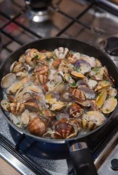 Clams in the pan Stock Photos
