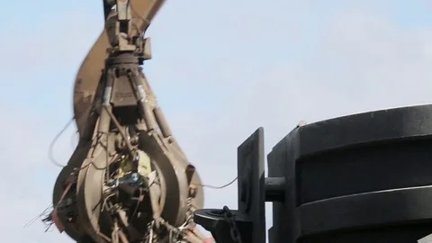 Clamshells loading the scrap metal, close-up Stock Footage 71591601