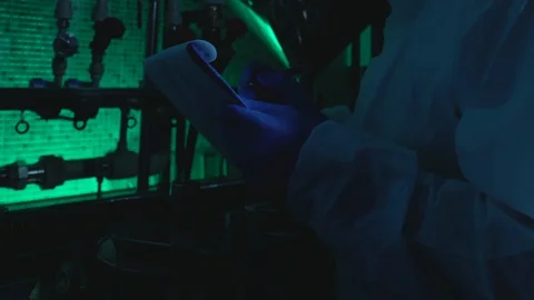 Clandestine laboratory worker writing test data in report, industrial espionage Stock Footage 129008829