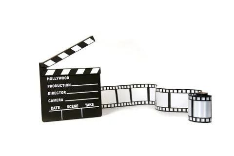 Clapboard and film strip on white background Stock Photos