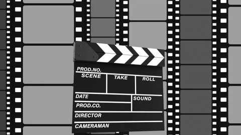 Clapboard doing Action against black film strip moving on the white background Stock Footage 158849883