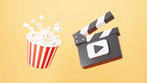 Clapper board and popcorn on the yellow background, see a movie, 3d rendering Stock Footage 291524045