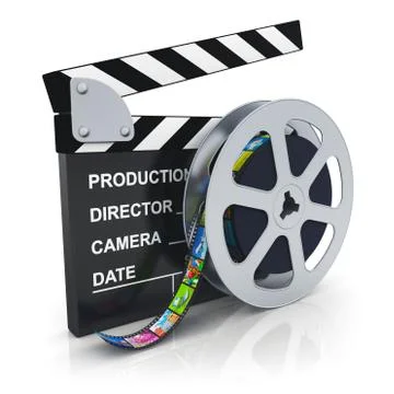 Clapper board and reel with filmstrip Stock Illustration
