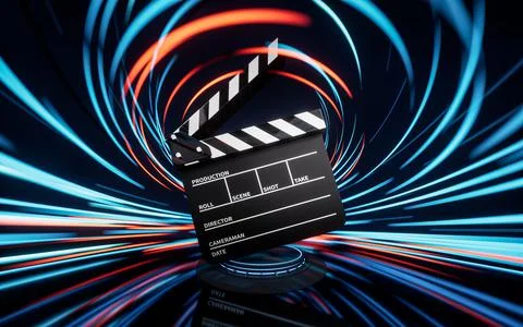 Clapper board with spin lines effect background, 3d rendering. Illustrazione stock