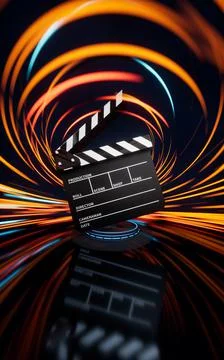 Clapper board with spin lines effect background, 3d rendering. Illustrazione stock