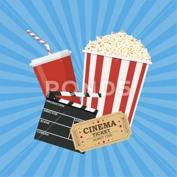 Clapperboard and popcorn and ticket movie Stock Illustration