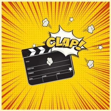 Clapperboard with Clap word speech bubble on vintage manga style background Stock Illustration