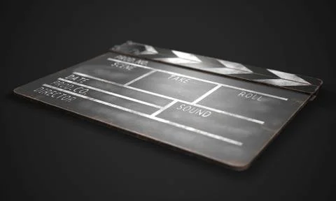 Clapperboard on a dark background close-up. 3d rendering. Stock Illustration