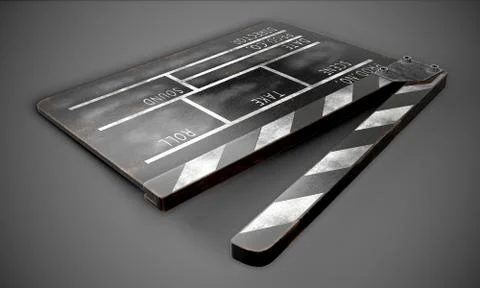 Clapperboard on a dark background close-up. 3d rendering. Illustrazione stock