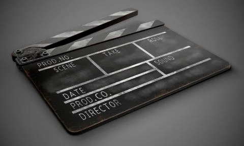 Clapperboard on a dark background close-up. 3d rendering. Stock Photos
