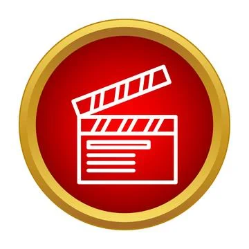 Clapperboard icon presented in a red circle with a golden border Stock Illustration