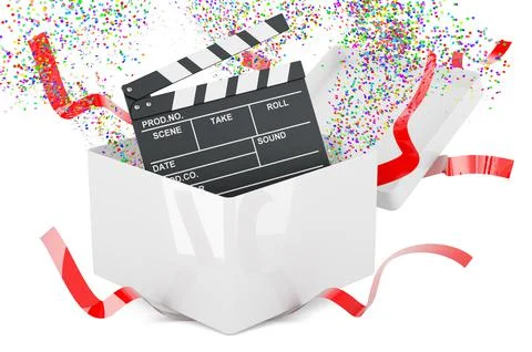 Clapperboard inside gift box, present concept. 3D rendering Stock Illustration