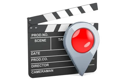 Clapperboard with map pointer, 3D rendering Stock Illustration