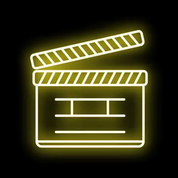 Clapperboard neon glowing line art icon black background Stock Illustration