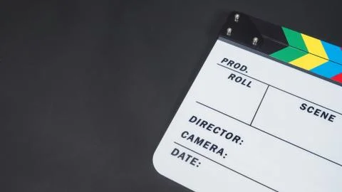 Clapperboard or clap board or movie slate .It is use in video production ,fil Stock Photos