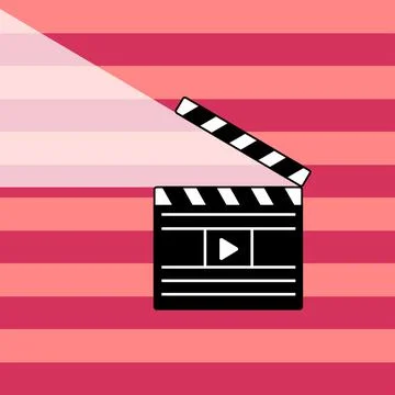 Clapperboard on a pink striped background. Simple flat vector illustration Stock Illustration