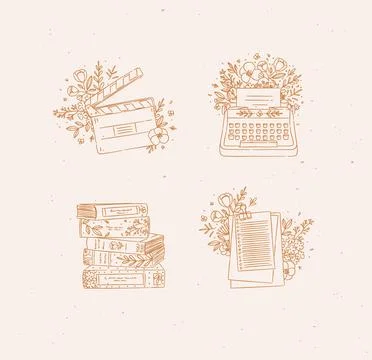 Clapperboard, typewriter, stack of books, checklist in floral arrangement bei Stock Illustration