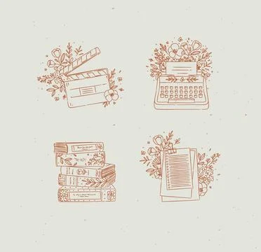 Clapperboard, typewriter, stack of books, checklist in floral arrangement cor Illustrazione stock