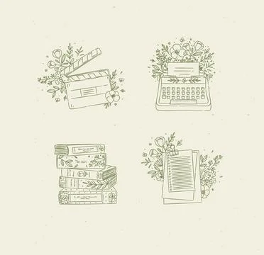Clapperboard, typewriter, stack of books in floral arrangement green beige Illustrazione stock
