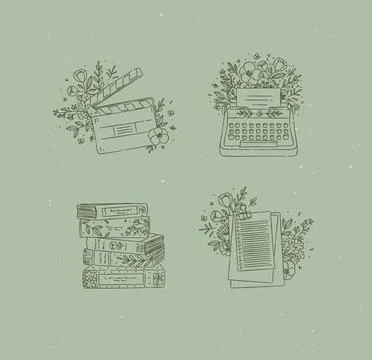Clapperboard, typewriter, stack of books, in floral arrangement green Illustrazione stock