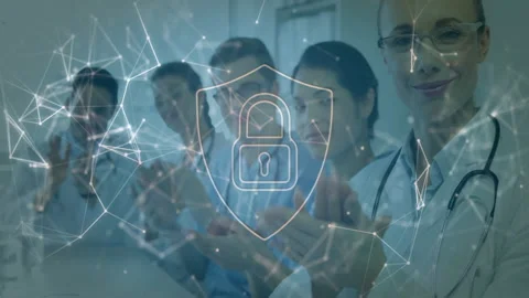 Clapping doctors with cybersecurity lock and network connections animation in 動画素材 304867015
