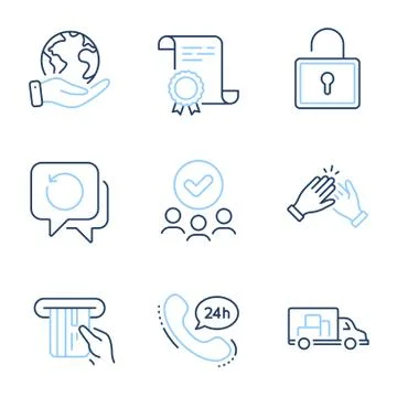 Clapping hands, 24h service and Recovery data icons set. Credit card, Truck Stock Illustration