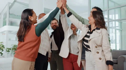 Clapping hands, high five and business people in office with teamwork, unity and Stock Footage 312494858